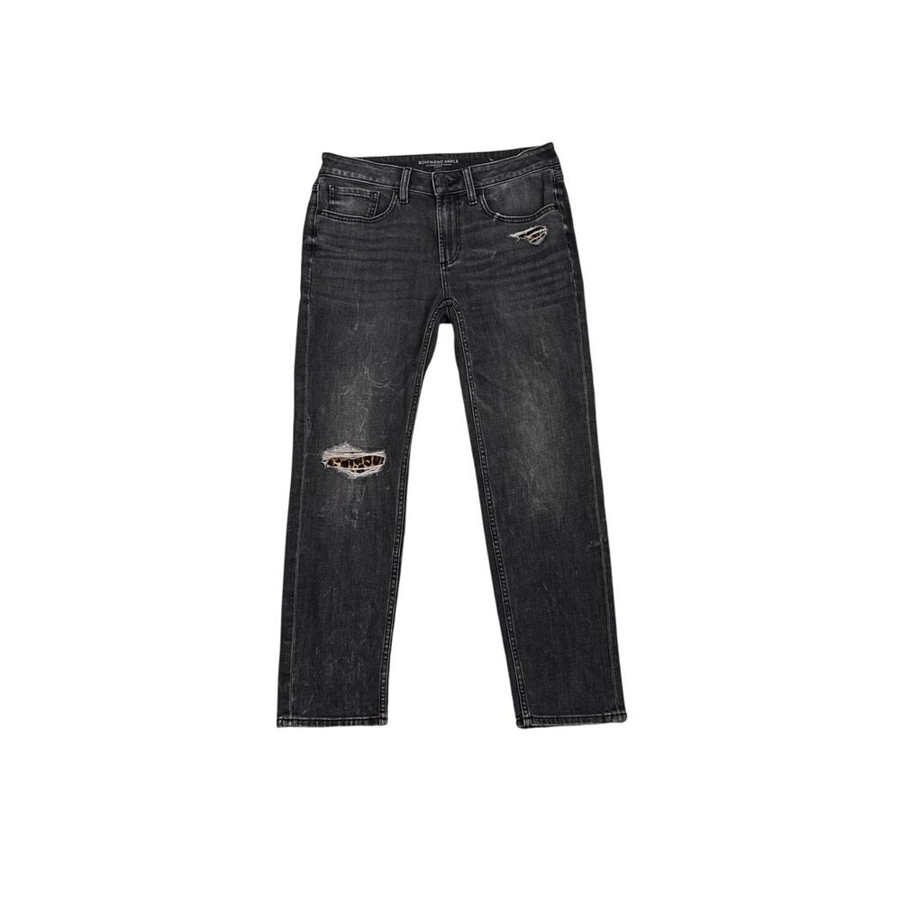 Chico's Jeans Boyfriend Ankle Black Denim Distressed Leopard Detail Size 2